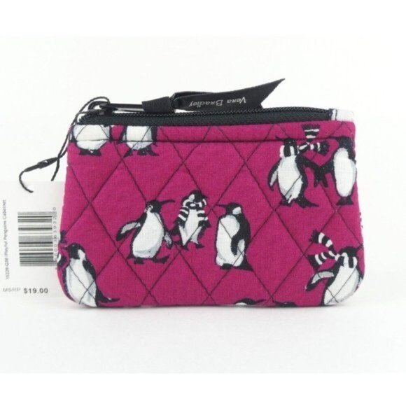 Vera Bradley Zip Playful Penguins Cabernet Coin Purse NWT - Picture 2 of 3
